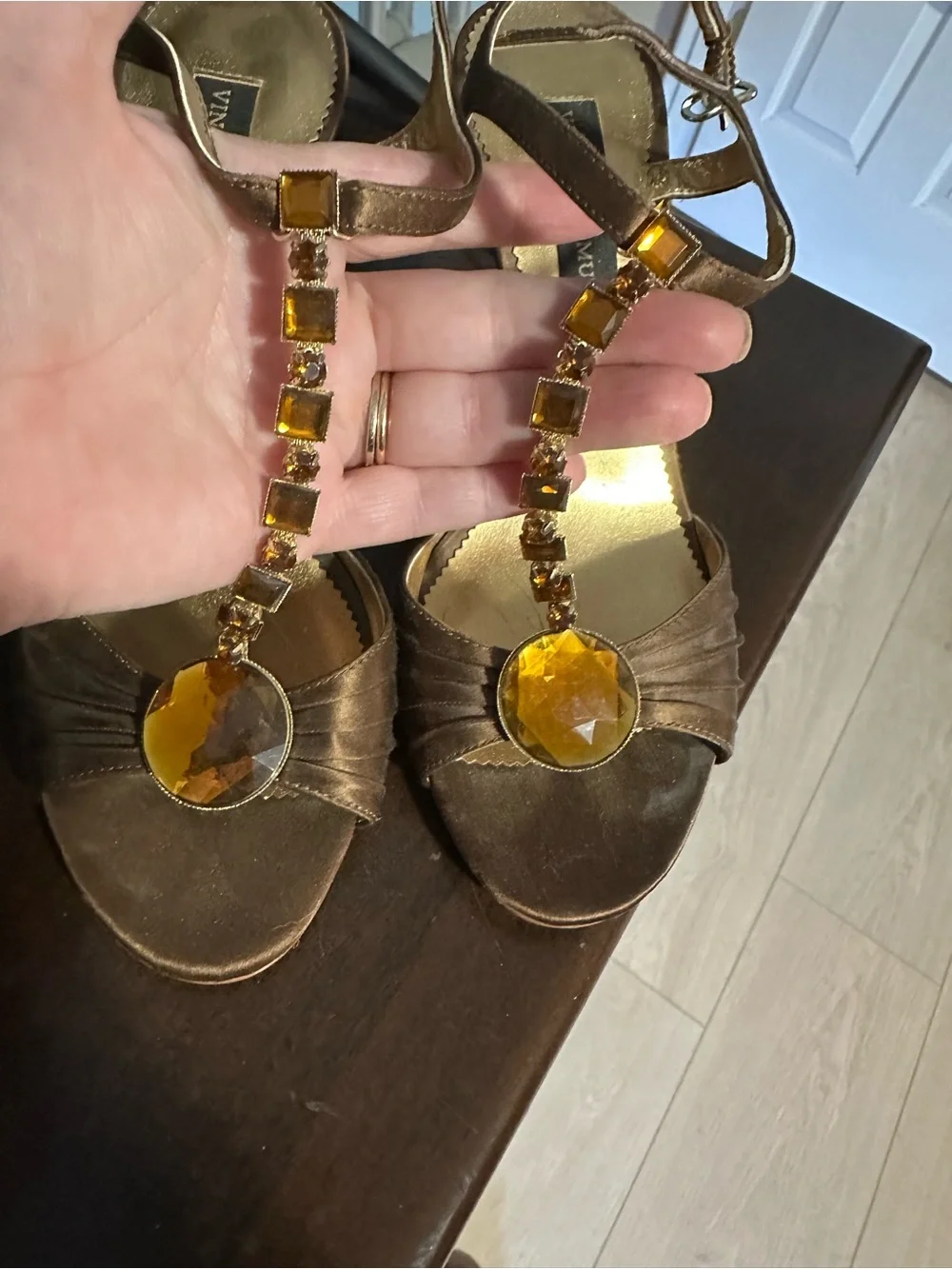 Vince Camuto Brown Satin T-Strap Heels with Amber Gem Detail